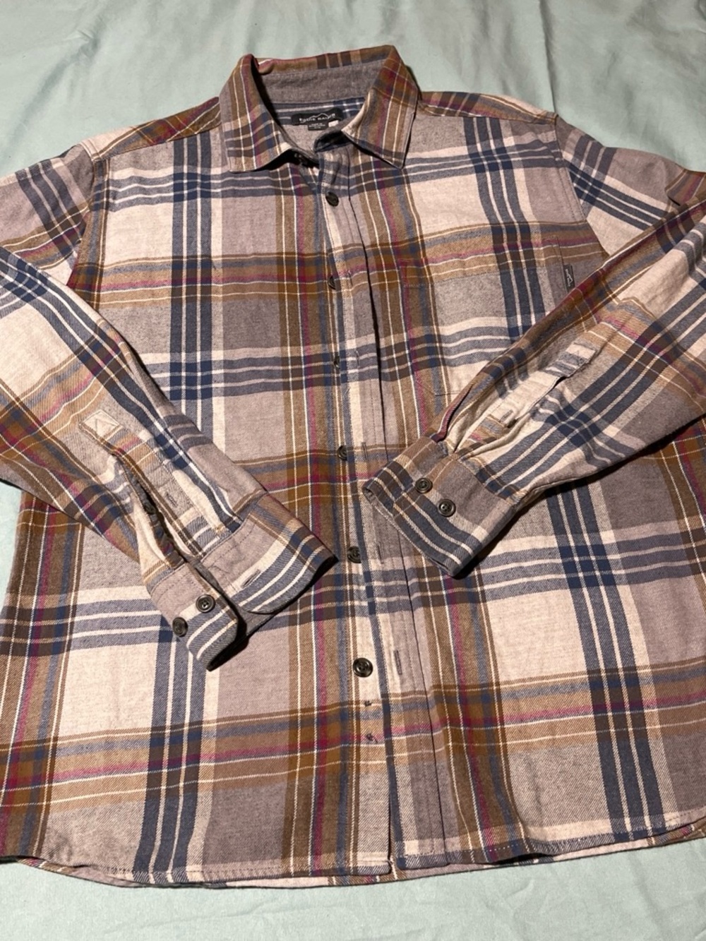 Eddie Bauer Men's Plaid Button-Down Shirt - Taupe, Navy & Brown